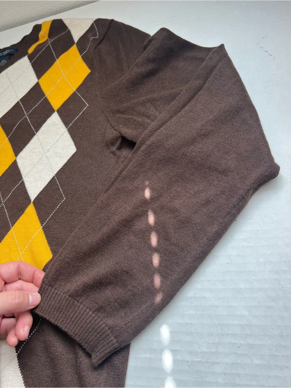 Banana Republic Brown V-Neck Argyle Sweater Yellow & Cream Diamonds Cashmere L